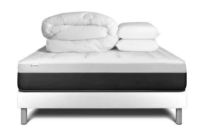 Pack lit complet 140x190 cm - Matelas + Sommier Blanc (en kit) + 2 oreillers + Couette - Vital Form