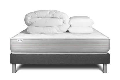 Pack lit complet 180x200 cm - Matelas + Sommier Gris (en kit) + 2 oreillers + Couette - Vitalmemo