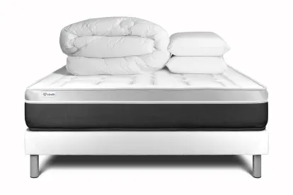 Pack lit complet 140x190 cm - Matelas + Sommier Blanc (en kit) + 2 oreillers + Couette - Vital Soft