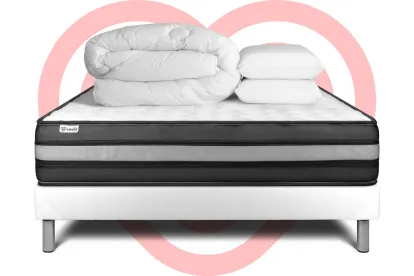 Pack lit complet 200x200 cm - Matelas + Sommier Blanc (en kit) + 2 oreillers + Couette - Vital Power Zen