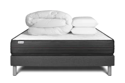 Pack lit complet 140x190 cm - Matelas + Sommier Gris (en kit) + 2 oreillers + Couette - Vitalpower