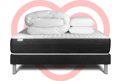 Pack lit complet 160x200 cm - Matelas + Sommier Noir (en kit) + 2 oreillers + Couette - Vitalspring