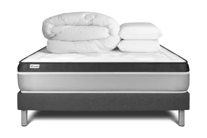 Pack lit complet 200x200 cm - Matelas + Sommier Gris (en kit) + 2 oreillers + Couette - Vital Ergo