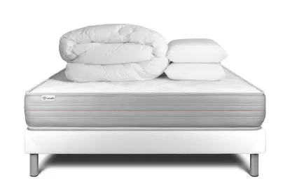 Pack lit complet 140x190 cm - Matelas + Sommier Blanc (en kit) + 2 oreillers + Couette - Vitalmemo