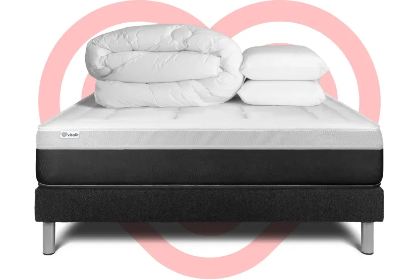 Pack lit complet 140x190 cm - Matelas + Sommier Noir (en kit) + 2 oreillers + Couette - Vital Form