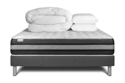 Pack lit complet 180x200 cm - Matelas + Sommier Gris (en kit) + 2 oreillers + Couette - Vitalspring Zen