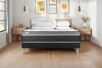 Pack lit complet 140x190 cm - Matelas + Sommier Noir (en kit) + 2 oreillers + Couette - Vital Care
