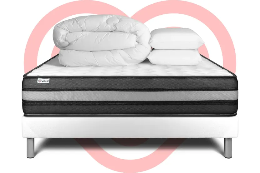 Pack lit complet 160x200 cm - Matelas + Sommier Blanc (en kit) + 2 oreillers + Couette - Vital Power Zen