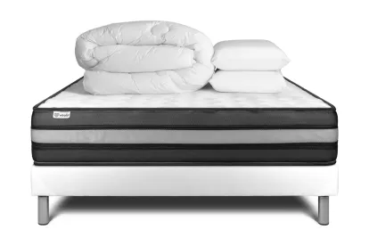 Pack lit complet 160x200 cm - Matelas + Sommier Blanc (en kit) + 2 oreillers + Couette - Vital Power Zen