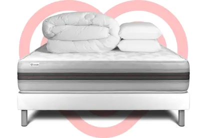 Pack lit complet 140x200 cm - Matelas + Sommier Blanc (en kit) + 2 oreillers + Couette - Vitalmemo Back
