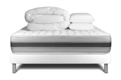 Pack lit complet 200x200 cm - Matelas + Sommier Blanc (en kit) + 2 oreillers + Couette - Vitalspring Recover