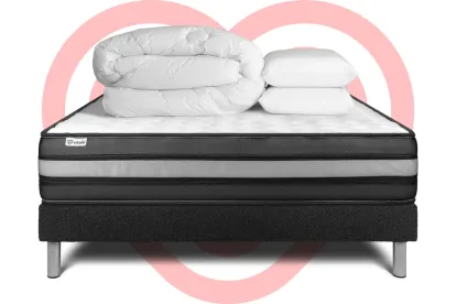 Pack lit complet 140x200 cm - Matelas + Sommier Noir (en kit) + 2 oreillers + Couette - Vital Power Zen