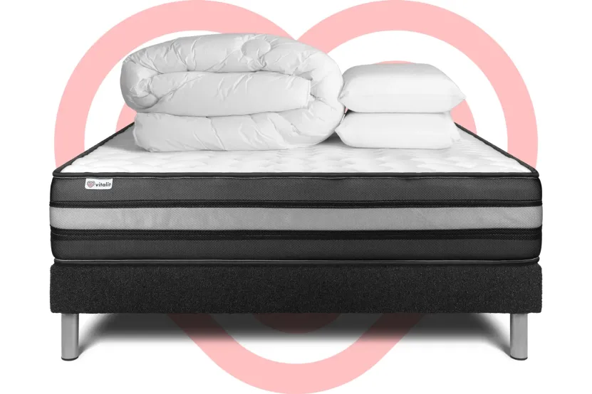 Pack lit complet 140x200 cm - Matelas + Sommier Noir (en kit) + 2 oreillers + Couette - Vital Power Zen