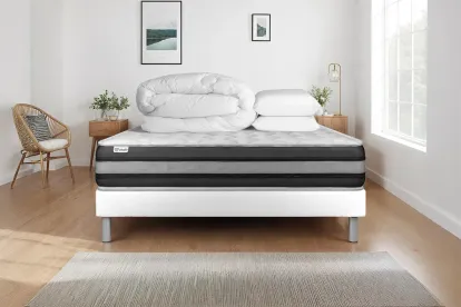 Pack lit complet 200x200 cm - Matelas + Sommier Blanc (en kit) + 2 oreillers + Couette - Vitalspring Zen