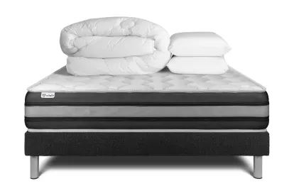 Pack lit complet 140x200 cm - Matelas + Sommier Noir (en kit) + 2 oreillers + Couette - Vitalspring Zen