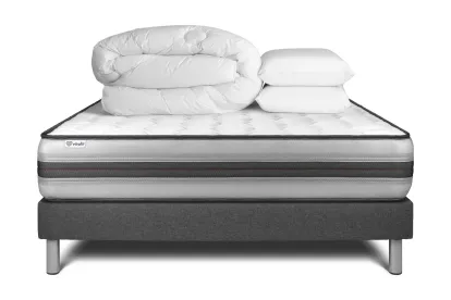 Pack lit complet 140x190 cm - Matelas + Sommier Gris (en kit) + 2 oreillers + Couette - Vitalpower Recover