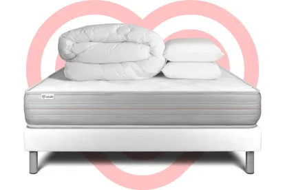 Pack lit complet 160x200 cm - Matelas + Sommier Blanc (en kit) + 2 oreillers + Couette - Vitalmemo