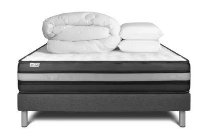 Pack lit complet 200x200 cm - Matelas + Sommier Gris (en kit) + 2 oreillers + Couette - Vital Power Zen