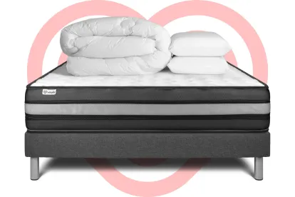 Pack lit complet 200x200 cm - Matelas + Sommier Gris (en kit) + 2 oreillers + Couette - Vital Power Zen