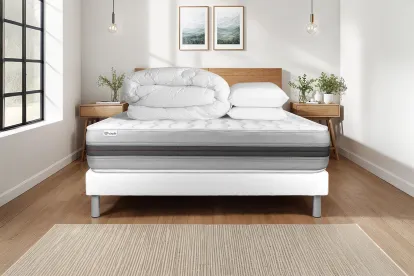 Pack lit complet 180x200 cm - Matelas + Sommier Blanc (en kit) + 2 oreillers + Couette - Vitalspring Recover