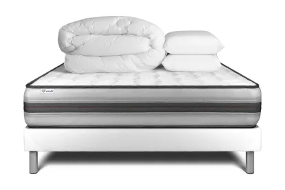 Pack lit complet 200x200 cm - Matelas + Sommier Blanc (en kit) + 2 oreillers + Couette - Vitalpower Recover