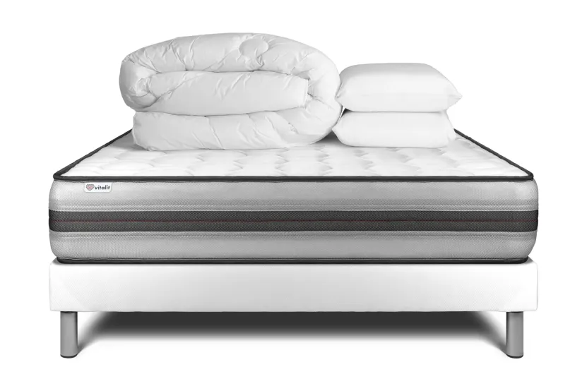Pack lit complet 200x200 cm - Matelas + Sommier Blanc (en kit) + 2 oreillers + Couette - Vitalpower Recover