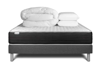 Pack lit complet 160x200 cm - Matelas + Sommier Gris (en kit) + 2 oreillers + Couette - Vitalmemo One