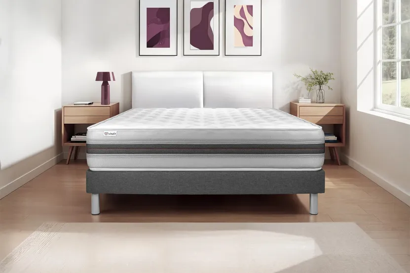 Ensemble Matelas Sommier 150x190 cm - Sommier Gris (en kit) - Vitalmemo Back
