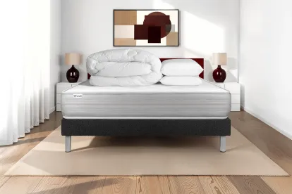 Pack lit complet 200x200 cm - Matelas + Sommier Noir (en kit) + 2 oreillers + Couette - Vitalmemo