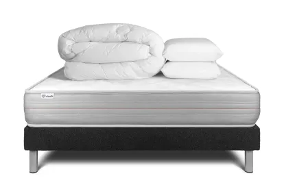 Pack lit complet 200x200 cm - Matelas + Sommier Noir (en kit) + 2 oreillers + Couette - Vitalmemo
