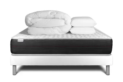 Pack lit complet 140x190 cm - Matelas + Sommier Blanc (en kit) + 2 oreillers + Couette - Vitalspring