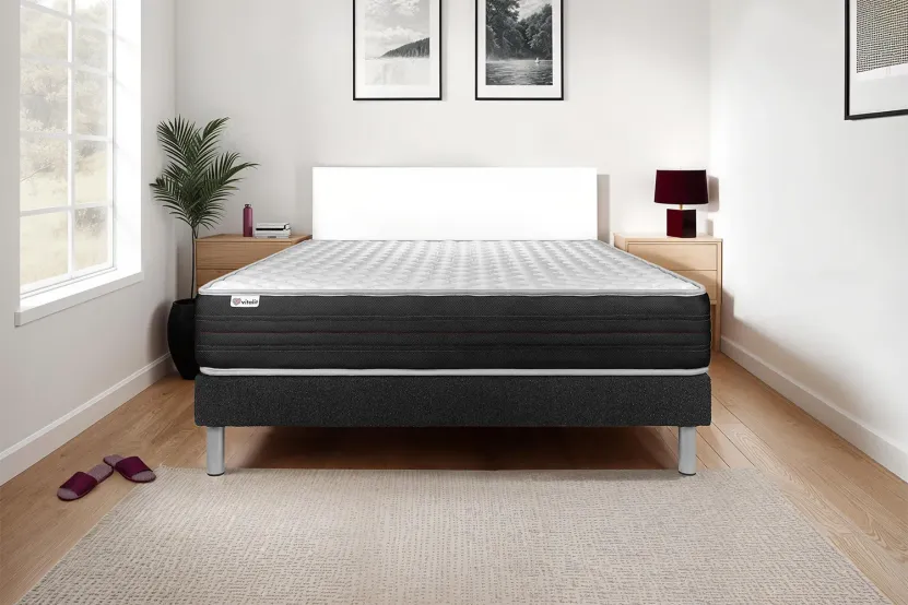 Ensemble Matelas Sommier 90x190 cm - Sommier Noir (déjà monté) - Vitalmemo One