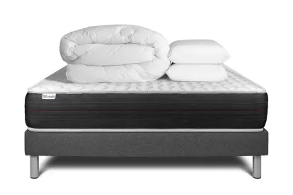 Pack lit complet 140x190 cm - Matelas + Sommier Gris (en kit) + 2 oreillers + Couette - Vitalspring