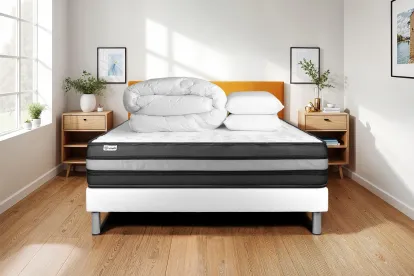 Pack lit complet 140x200 cm - Matelas + Sommier Blanc (en kit) + 2 oreillers + Couette - Vital Power Zen