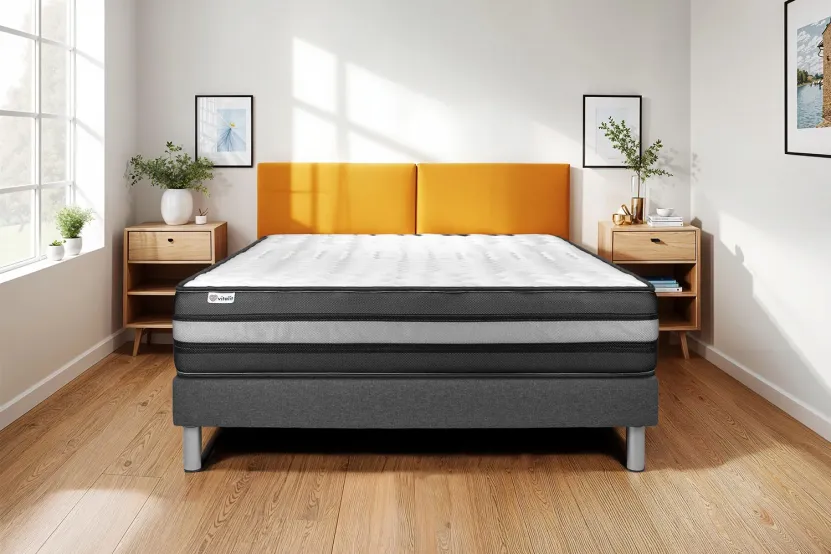 Ensemble Matelas Sommier 150x200 cm - Sommier Gris (en kit) - Vital Power Zen