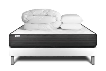 Pack lit complet 160x200 cm - Matelas + Sommier Blanc (en kit) + 2 oreillers + Couette - Vitalpower