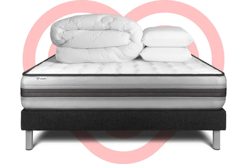 Pack lit complet 200x200 cm - Matelas + Sommier Noir (en kit) + 2 oreillers + Couette - Vitalpower Recover