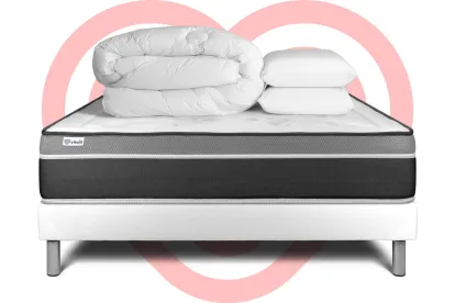 Pack lit complet 160x200 cm - Matelas + Sommier Blanc (en kit) + 2 oreillers + Couette - Vital Care