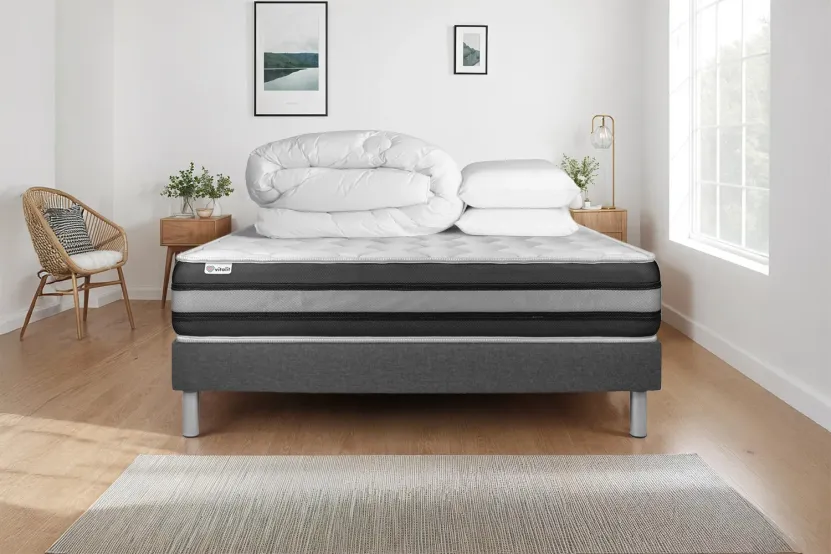 Pack lit complet 140x190 cm - Matelas + Sommier Gris (en kit) + 2 oreillers + Couette - Vitalspring Zen