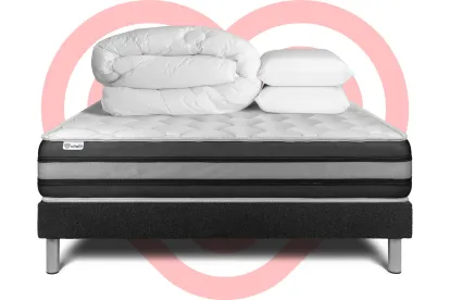 Pack lit complet 140x200 cm - Matelas + Sommier Noir (en kit) + 2 oreillers + Couette - Vitalspring Zen