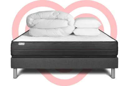 Pack lit complet 140x200 cm - Matelas + Sommier Gris (en kit) + 2 oreillers + Couette - Vitalpower