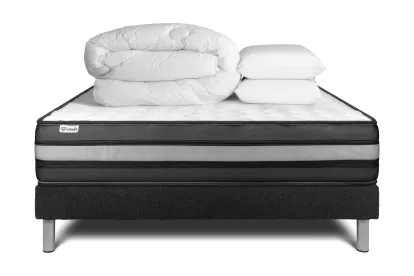 Pack lit complet 200x200 cm - Matelas + Sommier Noir (en kit) + 2 oreillers + Couette - Vital Power Zen