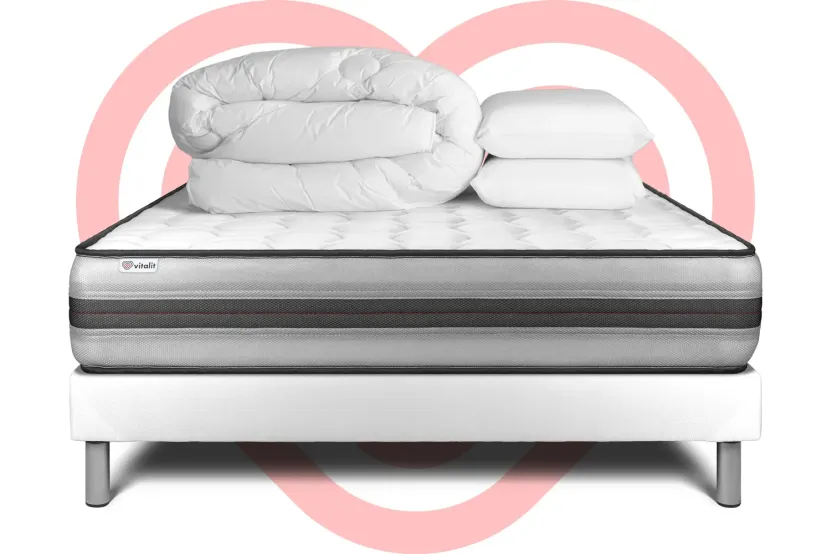 Pack lit complet 160x200 cm - Matelas + Sommier Blanc (en kit) + 2 oreillers + Couette - Vitalpower Recover