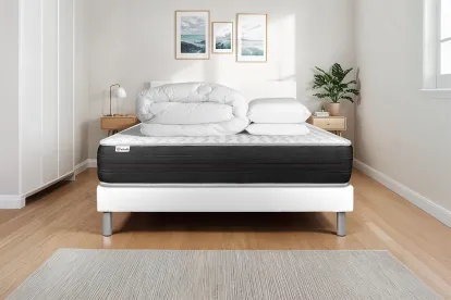Pack lit complet 160x200 cm - Matelas + Sommier Blanc (en kit) + 2 oreillers + Couette - Vitalspring