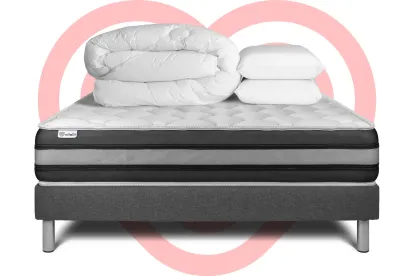 Pack lit complet 180x200 cm - Matelas + Sommier Gris (en kit) + 2 oreillers + Couette - Vitalspring Zen