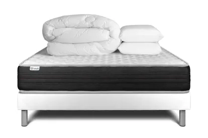 Pack lit complet 160x200 cm - Matelas + Sommier Blanc (en kit) + 2 oreillers + Couette - Vitalmemo One