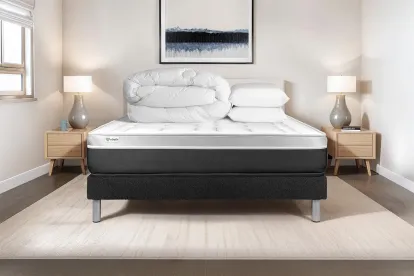 Pack lit complet 140x200 cm - Matelas + Sommier Noir (en kit) + 2 oreillers + Couette - Vital Soft