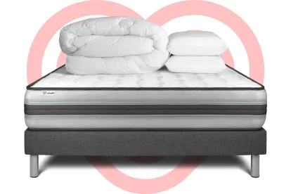 Pack lit complet 140x190 cm - Matelas + Sommier Gris (en kit) + 2 oreillers + Couette - Vitalpower Recover