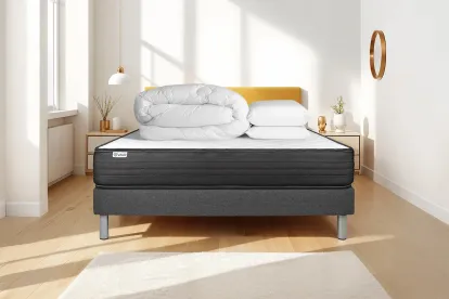 Pack lit complet 140x190 cm - Matelas + Sommier Gris (en kit) + 2 oreillers + Couette - Vitalpower