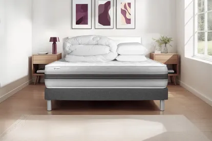 Pack lit complet 160x200 cm - Matelas + Sommier Gris (en kit) + 2 oreillers + Couette - Vitalmemo Back